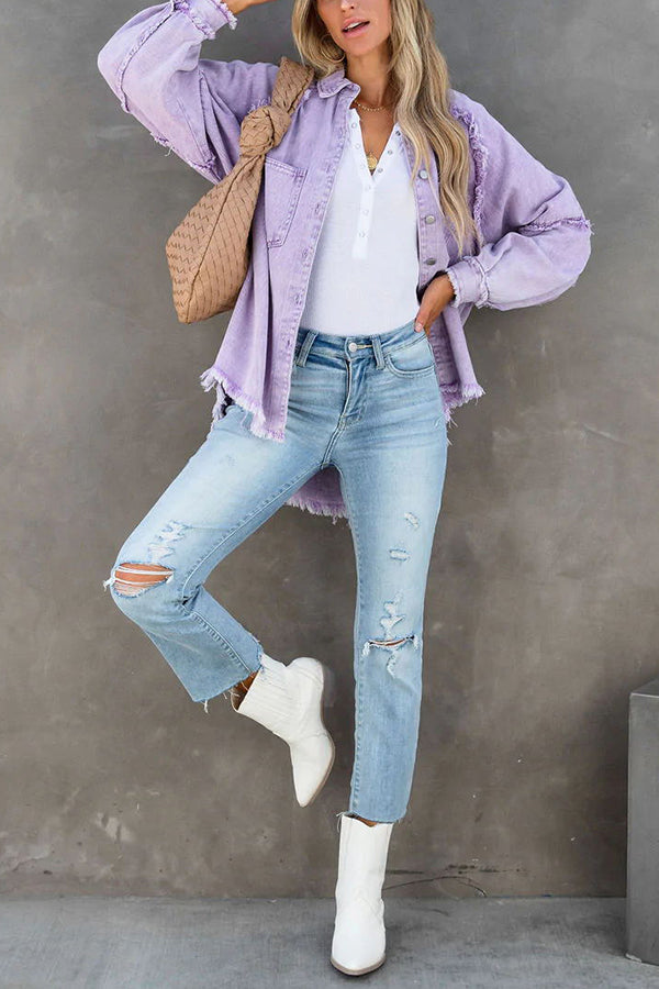 Alyssa - stylische Denimjacke mit Fetzen und Taschen