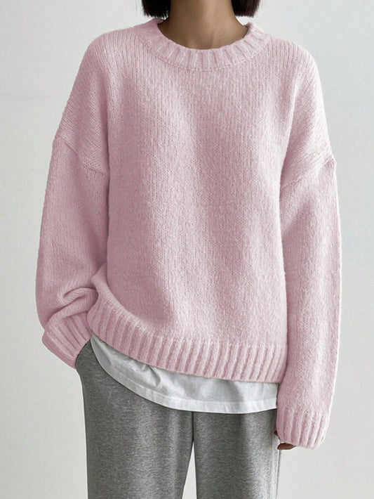 Pearlie -Rosa einfarbig Langarm Pullover mit Rundhalsausschnitt