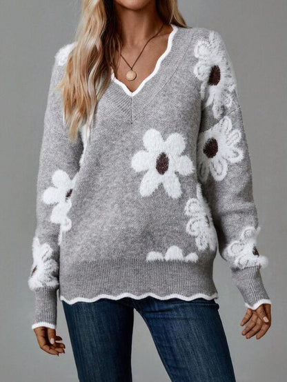 Karen - Grauer Pullover mit Blumendruck und V-Ausschnitt