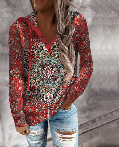 Jandy - rotes langärmeliges Henley-Sweatshirt mit Mandala-Druck