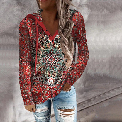 Jandy - rotes langärmeliges Henley-Sweatshirt mit Mandala-Druck