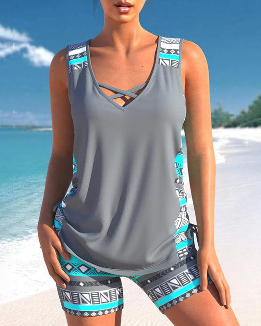 Estell - Geometrisches Sommer-Tankini-Set mit V-Ausschnitt