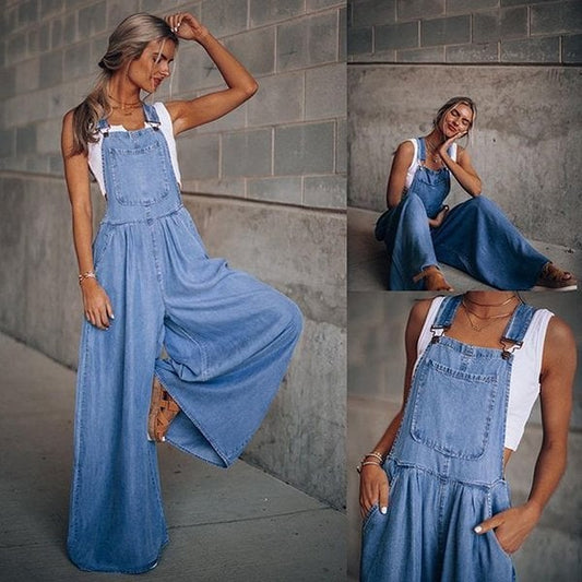 Sanura - Damen-Jumpsuit-Hose aus Denim Overall mit weitem Bein