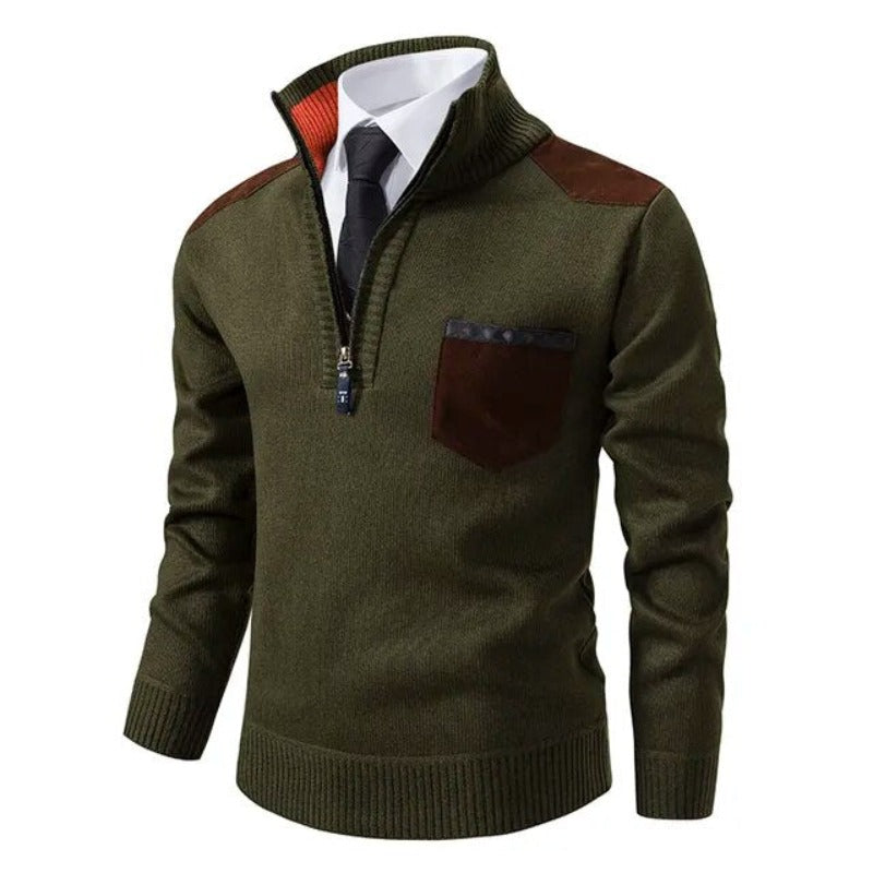 William - eleganter Pullover mit Viertelreißverschluss und Schulteraufnähern aus Wildleder