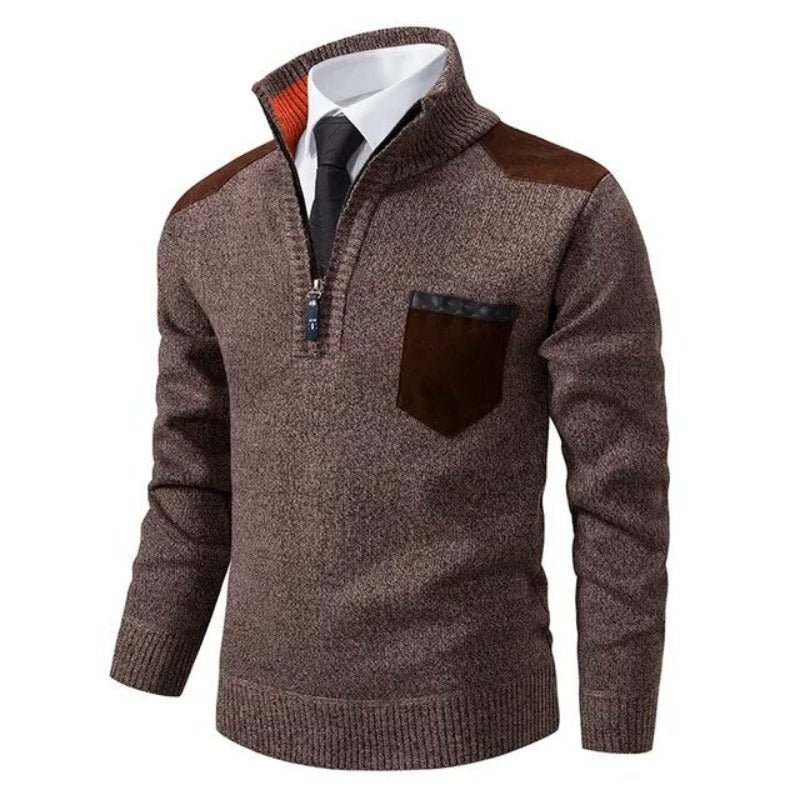 William - eleganter Pullover mit Viertelreißverschluss und Schulteraufnähern aus Wildleder