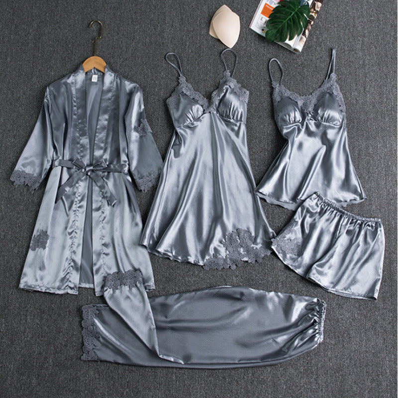 Olivia Satin Luxus weiblichen Pyjama Set von Nachthemd Bademantel Shirt lang und Kurze HosenHosen