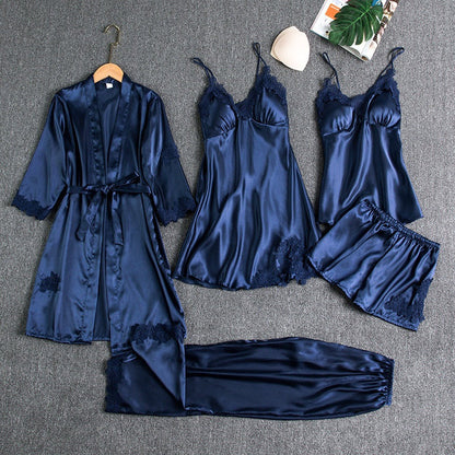 Olivia Satin Luxus weiblichen Pyjama Set von Nachthemd Bademantel Shirt lang und Kurze HosenHosen