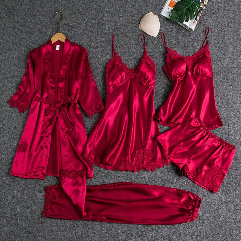 Olivia Satin Luxus weiblichen Pyjama Set von Nachthemd Bademantel Shirt lang und Kurze HosenHosen