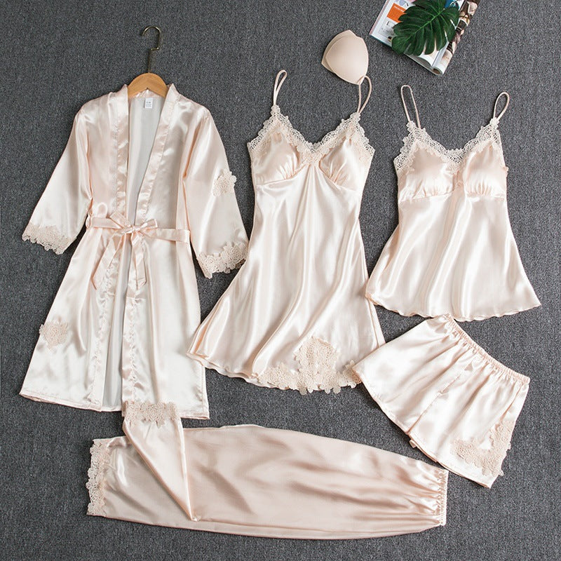 Olivia Satin Luxus weiblichen Pyjama Set von Nachthemd Bademantel Shirt lang und Kurze HosenHosen