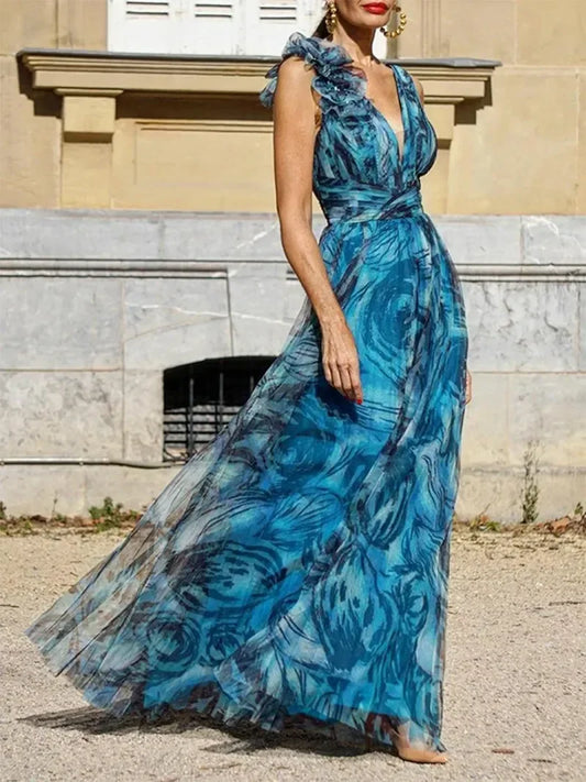 Debie - Bohème langes pfauenblaues Kleid im Sommerstil