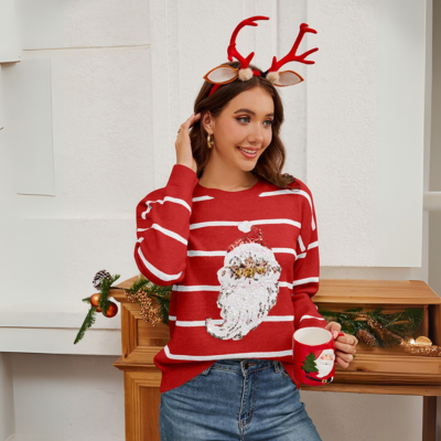 Gestreifter Weihnachtsmann Langarm-Pullover mit Rundhalsausschnitt