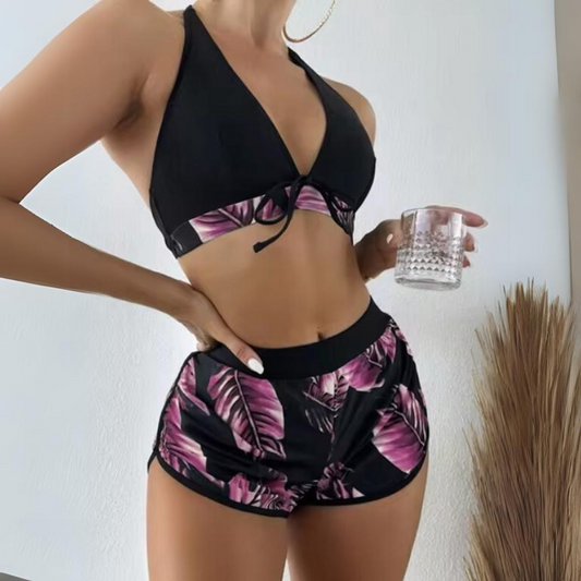 Elena - dreiteiliges Bikini-Set mit Blattdruck und hoher Taille