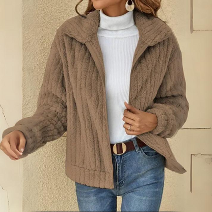 Zoey - kurze Jacke mit Reißverschluss und Revers warme Winter-Fleecejacke mit Reißverschluss lässiger Außenmantel