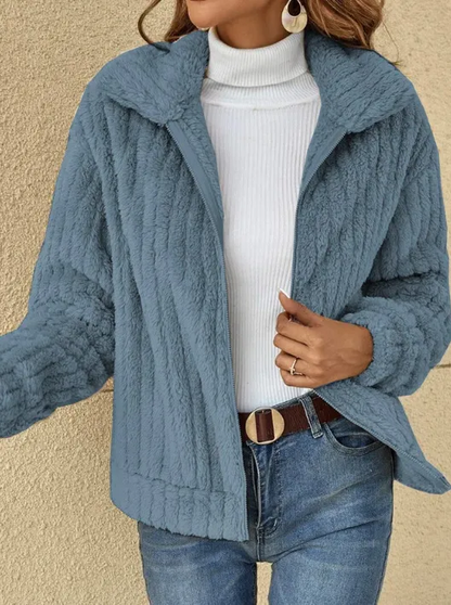 Zoey - kurze Jacke mit Reißverschluss und Revers warme Winter-Fleecejacke mit Reißverschluss lässiger Außenmantel