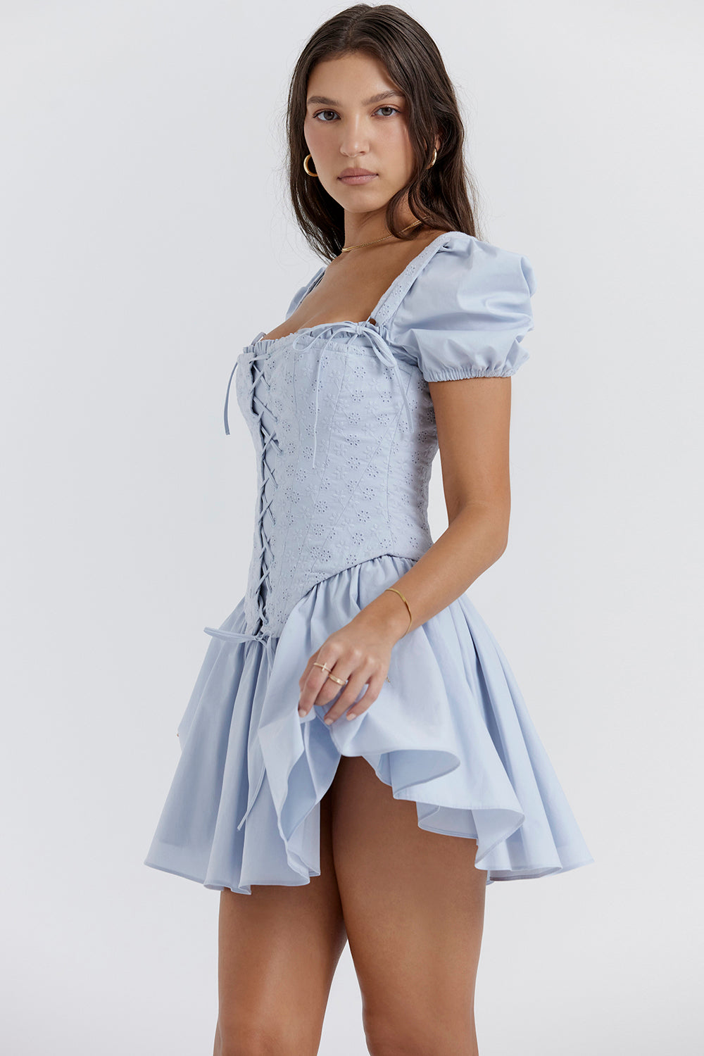 Oaklee -  Weich Blau Stickerei Korsett Mini Kleid