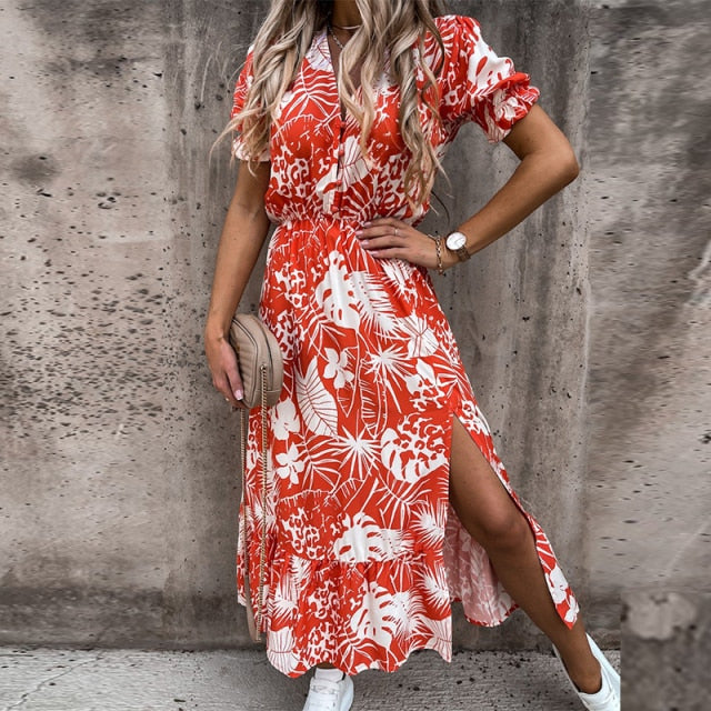 aliana floral print maxi Sommerkleid mit elastischer Taille Seitenschlitz halb-lange Ärmel und V-Ausschnitt