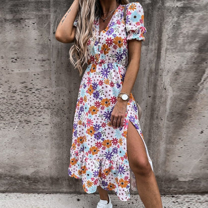 aliana floral print maxi Sommerkleid mit elastischer Taille Seitenschlitz halb-lange Ärmel und V-Ausschnitt