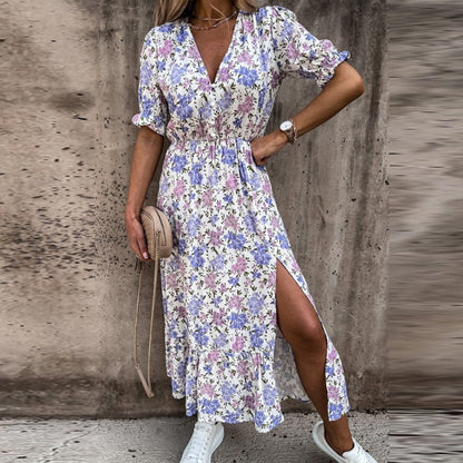 aliana floral print maxi Sommerkleid mit elastischer Taille Seitenschlitz halb-lange Ärmel und V-Ausschnitt