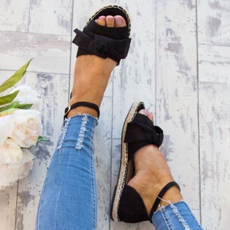 Brooke - Schönheit mit Schleife, elegante schwarze Espadrilles Sandalen mit Knöchelriemen